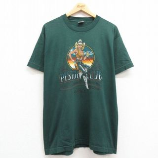 フルーツオブザルーム(FRUIT OF THE LOOM)のXL★古着 フルーツオブザルーム 半袖 ビンテージ Tシャツ メンズ 90年代 90s 女性 ピストルクラブ クルーネック USA製 緑 グリーン 24apr08 中古(Tシャツ/カットソー(半袖/袖なし))