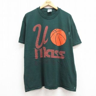 ヘインズ(Hanes)のXL★古着 ヘインズ Hanes 半袖 ビンテージ Tシャツ メンズ 90年代 90s バスケットボール Umass 大きいサイズ コットン クルーネック USA製 緑 グリーン 24apr08 中古(Tシャツ/カットソー(半袖/袖なし))