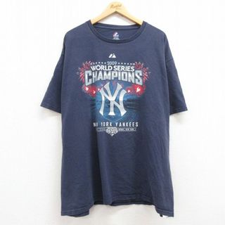 マジェスティック(Majestic)のXL★古着 マジェスティック 半袖 ビンテージ Tシャツ メンズ 00年代 00s MLB ニューヨークヤンキース 松井秀喜 大きいサイズ コットン クルーネック 紺 ネイビー メジャーリーグ ベースボール 野球 24apr08 中古(Tシャツ/カットソー(半袖/袖なし))