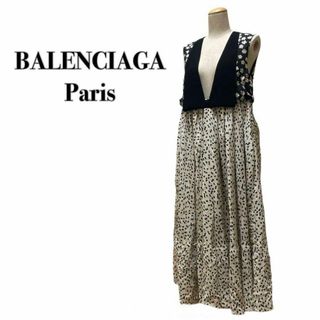 バレンシアガ(Balenciaga)のBALENCIAGA Paris  ワンピース バイカラー総柄シルク 36 S(ひざ丈ワンピース)