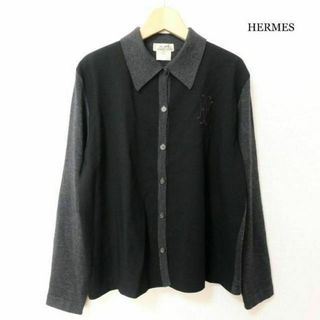 エルメス(Hermes)の美品 エルメス バイカラー ウール 異素材切り替え Hロゴ 長袖 ニット シャツ(シャツ/ブラウス(長袖/七分))