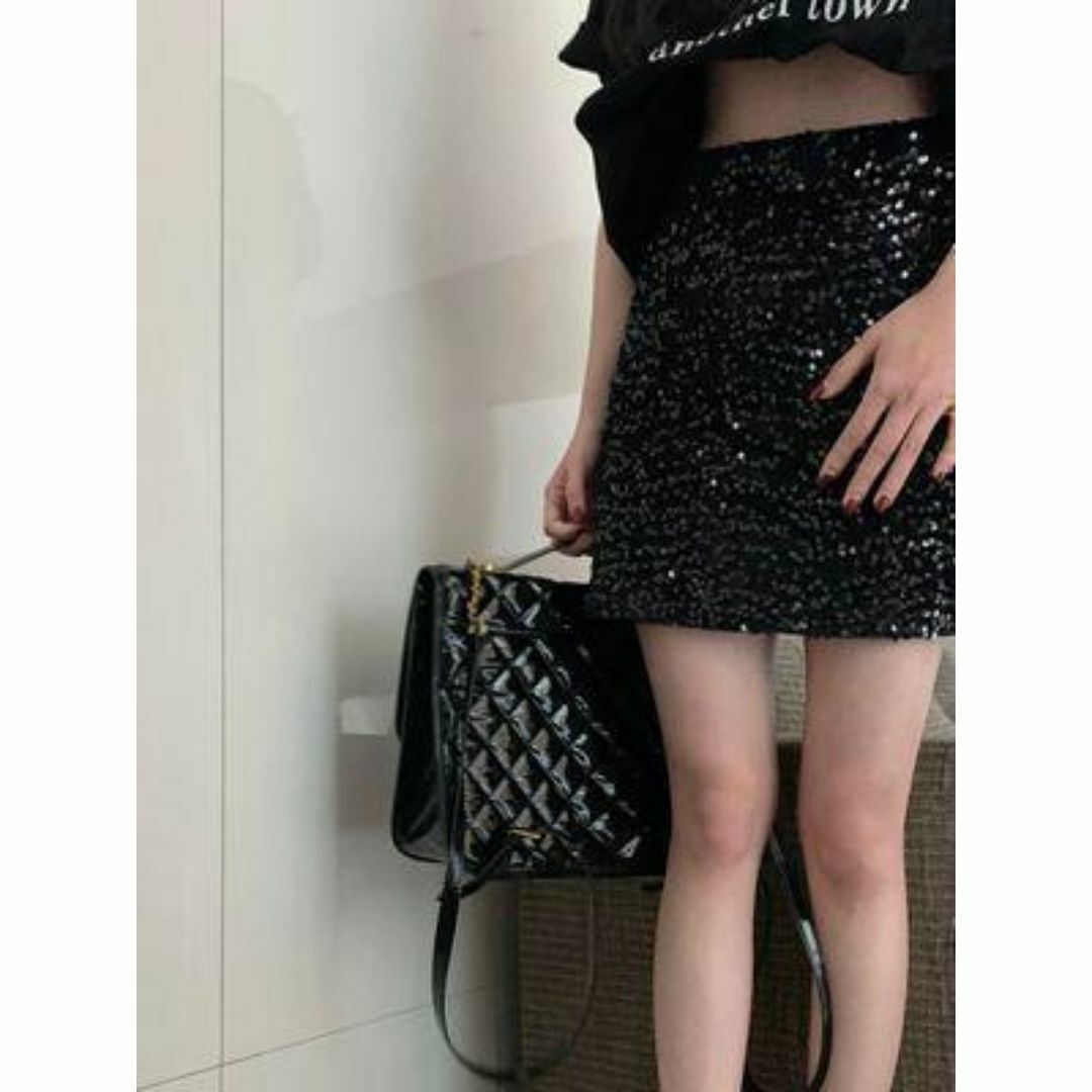 スパンコール ミニスカート ブラック ハイウエスト 黒 韓国 レディースのスカート(ミニスカート)の商品写真