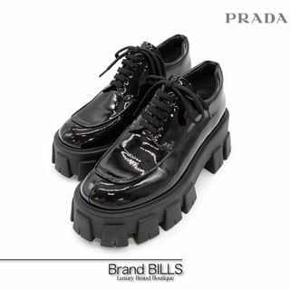 プラダ(PRADA)の美品 プラダ モノリス シューズ ローファー 1E708L レースアップ パテントレザー エナメル ブラック 36 1/2 23.5cm 厚底 ホットスタンプ(ローファー/革靴)