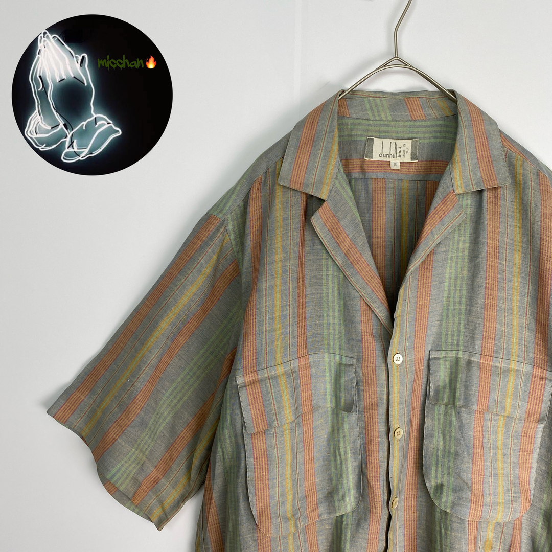 【半袖シャツ　イタリア製　ストライプ　青みのグレー　オレンジ　緑　古着】 メンズのトップス(シャツ)の商品写真