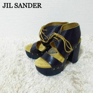 ジルサンダー(Jil Sander)の美品 ジルサンダーネイビー クラック加工 レザー チャンキーヒール サンダル(サンダル)