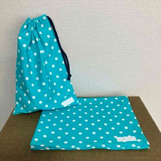 給食ナフキン　給食袋　セット　ハンドメイド　ドット　水玉　女の子　グリーン(外出用品)