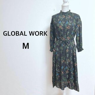 グローバルワーク(GLOBAL WORK)のグローバルワーク　シフォンガウンワンピース8分袖【M】シースルー　ウエストリボン(ロングワンピース/マキシワンピース)