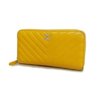 シャネル(CHANEL)の【4hb1227】シャネル 長財布/Vステッチ/ラムスキン/イエロー/シルバー金具 【中古】 レディース(財布)