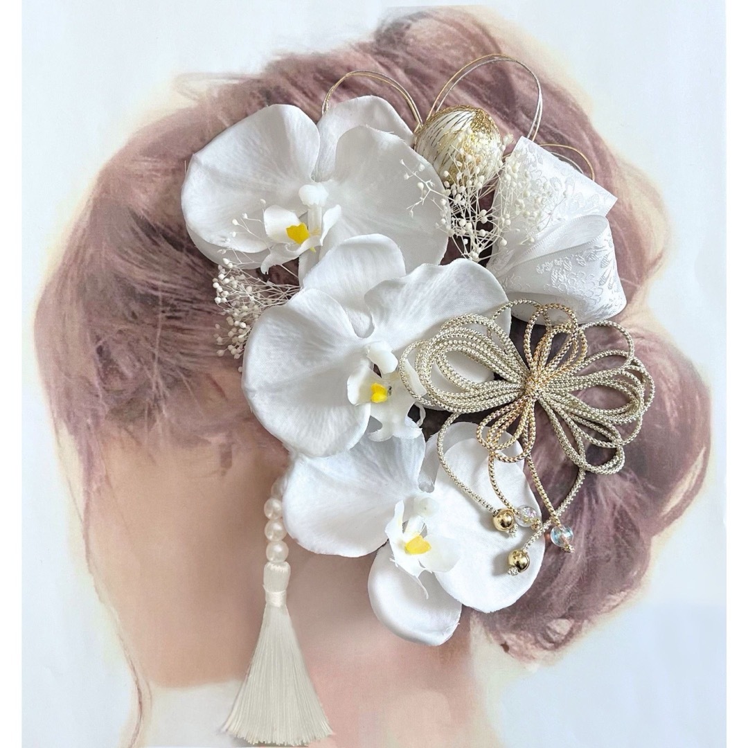 清楚なコチョウランの髪飾り 結婚式 卒業式 成人式 和装 タッセル ハンドメイドのウェディング(ヘッドドレス/ドレス)の商品写真