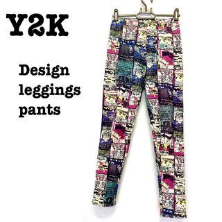 美品【 Y2Kデザイン 】デザインパンツ　総柄レギンス　猫柄　レギンスパンツ