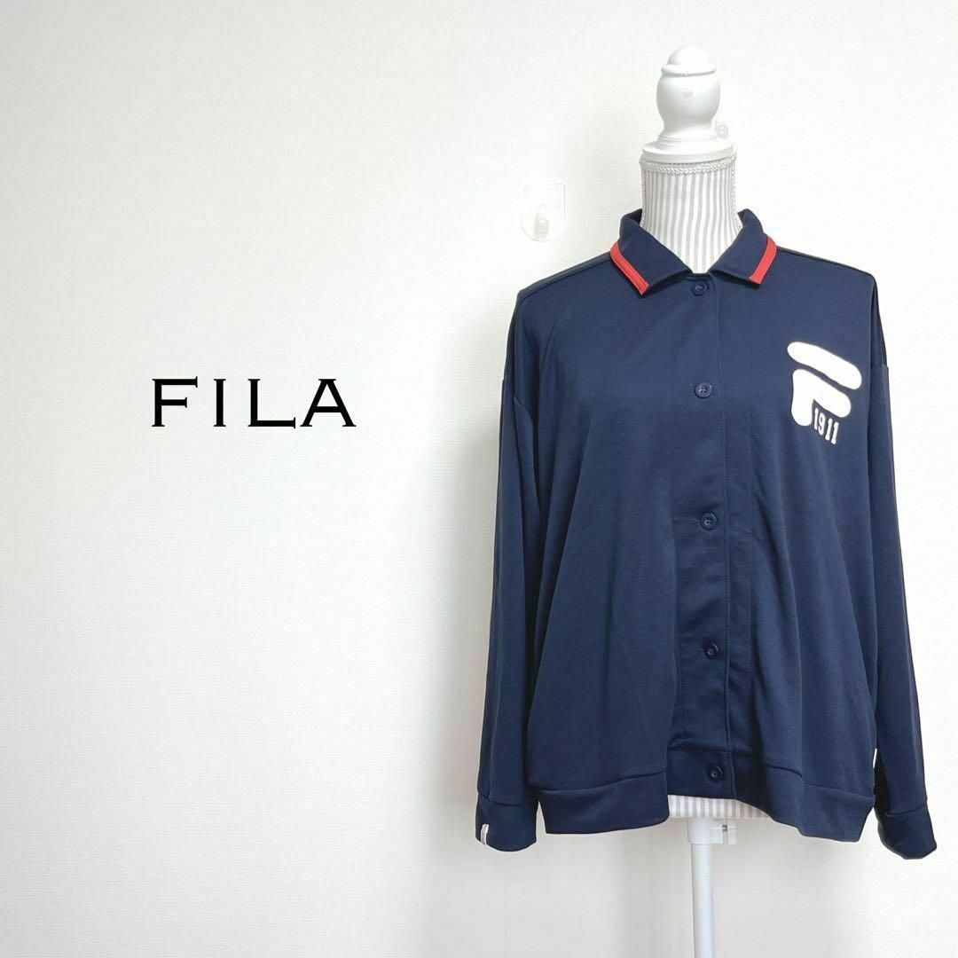 FILA(フィラ)のフィラ　ポロシャツジャージ【L】ビッグロゴプリント　スポーティ　ポケット付き レディースのトップス(ポロシャツ)の商品写真