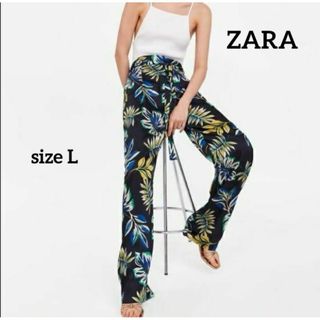 ZARA - ZARA　サテンワイドパンツ　ボタニカル柄　リゾート　Lサイズ　ウェストリボン付