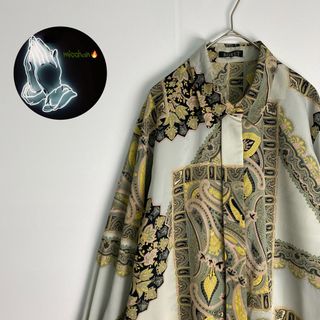 【長袖シャツ　柄シャツ　総柄　グレー　ベージュ　ピンク　黄色　古着】(シャツ/ブラウス(長袖/七分))