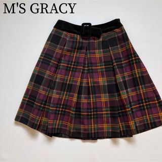 エムズグレイシー(M'S GRACY)の美品　M'S GRACY エムズグレイシー　フレアスカート　ベルト装飾　ベロア(ひざ丈スカート)