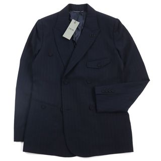 ディオールオム(DIOR HOMME)の極美品○DIOR ディオール オム 113C282A5628 CDラペルピン ピークドラペル くるみボタン シアサッカー地 ダブルブレストジャケット ネイビー ストライプ柄 46C イタリア製 正規品 メンズ(ダウンジャケット)