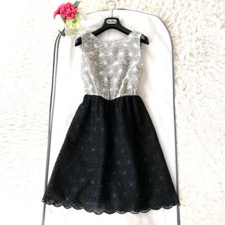 レッドヴァレンティノ(RED VALENTINO)の極美品‼️【レッドヴァレンティノ】シルクエレガント総レース ブラック×シルバー(ひざ丈ワンピース)