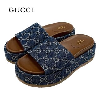 グッチ(Gucci)のグッチ GUCCI サンダル ミュール 靴 シューズ GGロゴ プラットフォーム デニム ネイビー系(サンダル)