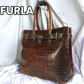 フルラ(Furla)の【エレガントな一歩を✨】　フルラ　ハンドバック 型押し  総柄 クロコ　ブラウン(ハンドバッグ)