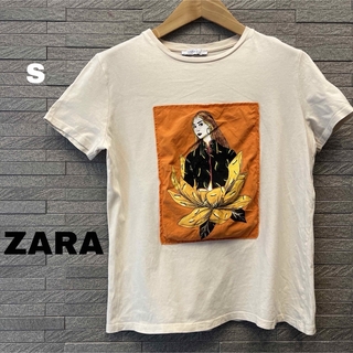 ザラ(ZARA)のザラZARA 半袖Tシャツ トップス カットソー ビッグプリント ベージュ 橙(Tシャツ(半袖/袖なし))