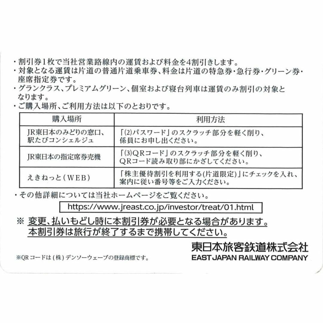 東日本旅客鉄道 株主優待 株主優待割引券(1枚) 有効期限:2024.6.30 チケットの乗車券/交通券(その他)の商品写真