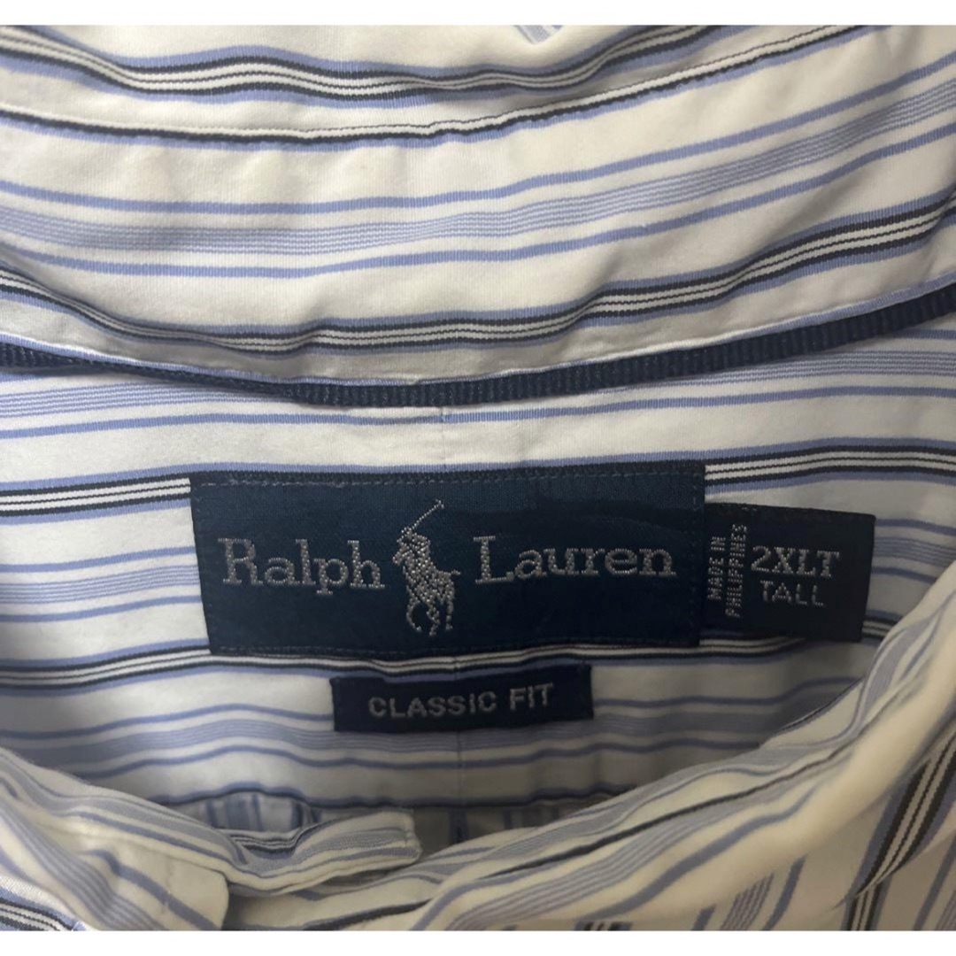 ラルフローレン 長袖 BDシャツ ストライプ 刺繍ロゴ ブルー 2XL 90s