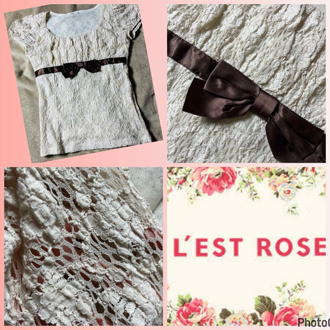 L'EST ROSE(レストローズ)のレストローズ★良品★裏地もレース★リボンかわいいお嬢様レーシーカットソー レディースのトップス(シャツ/ブラウス(半袖/袖なし))の商品写真