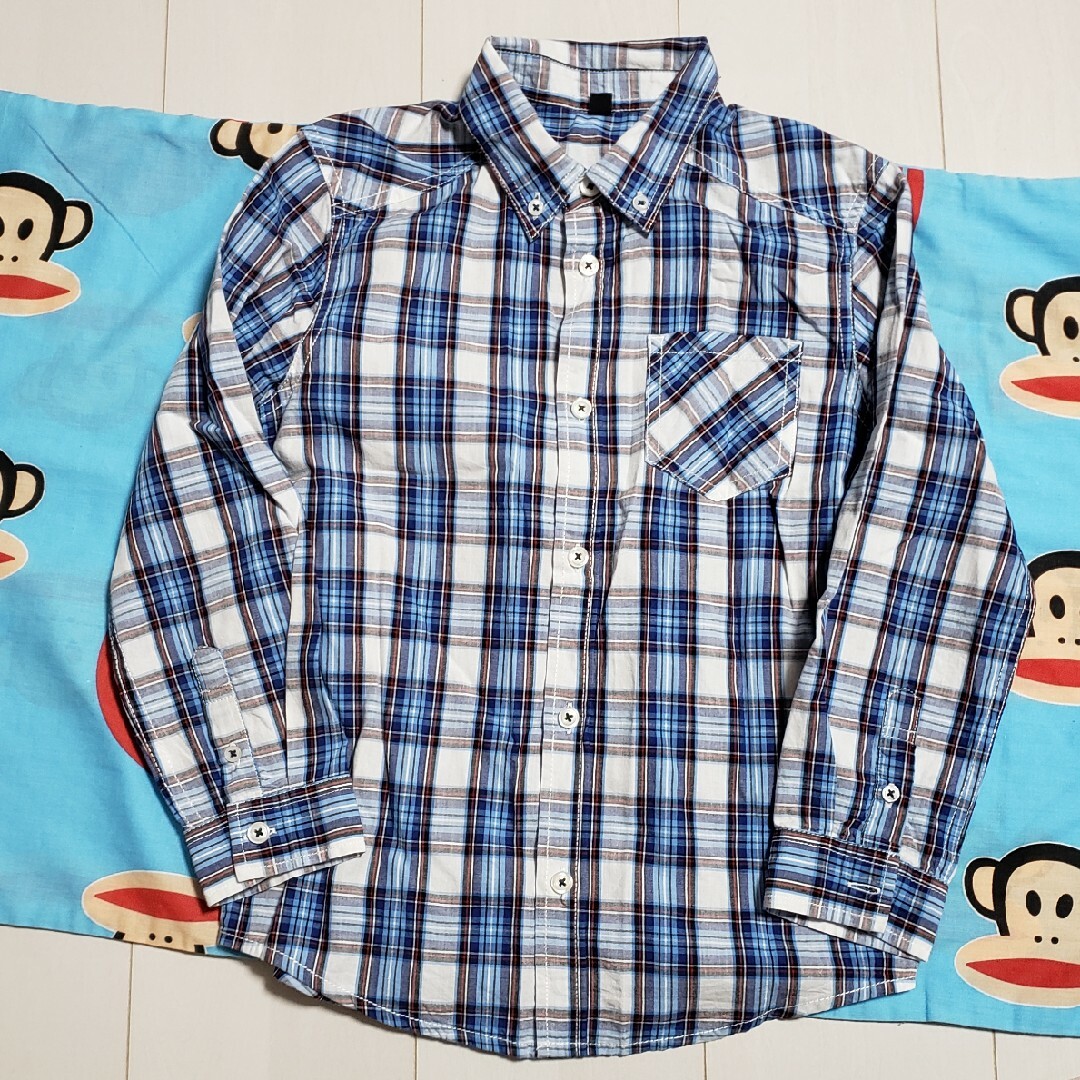 【中古】 水色 チェックシャツ 130 キッズ/ベビー/マタニティのキッズ服男の子用(90cm~)(ブラウス)の商品写真