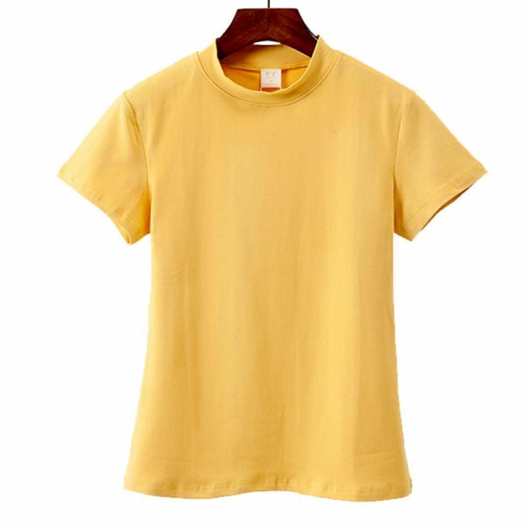 ハイネックTシャツ 定番 半袖 シンプル 着回し 着痩せ 春夏 イエロー L レディースのトップス(Tシャツ(半袖/袖なし))の商品写真