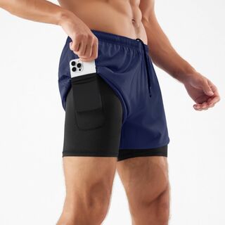 紺色　XL 大特価トレーニング 吸汗速乾 インナー付き　ランニングパンツスポーツ(ショートパンツ)