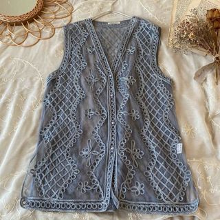 vintageヴィンテージレトロused総レース刺繍ロングベストジレ