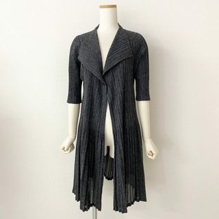 プリーツプリーズイッセイミヤケ(PLEATS PLEASE ISSEY MIYAKE)の9d9 《美品》 PLEATS PLEASE プリーツプリーズ PP33-JA601 リネン混 麻 ロングカーディガン 羽織 ロングコート 3 グレー レディース(カーディガン)