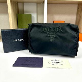 PRADA - 美品 PRADA 刺繍ロゴ ナイロン ポーチ ブラック