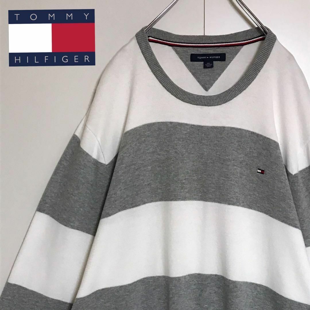 TOMMY HILFIGER(トミーヒルフィガー)の【ビッグシルエット】トミーヒルフィガー 刺繍ロゴ入ボーダートップス　F896 メンズのトップス(ニット/セーター)の商品写真