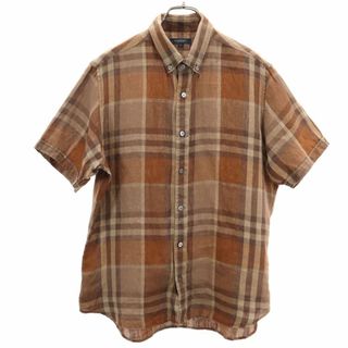 BURBERRY - バーバリー ロンドン 三陽商会 チェック柄 半袖 リネン ボタンダウンシャツ L ブラウン BURBERRY LONDON メンズ 古着 【240402】 メール便可