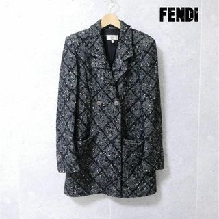 良品 綺麗 FENDI 格子柄 ツイード ダブルブレスト ロングチェスターコート