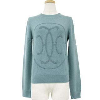 美品 HERMES エルメス ニット カシミヤ セーター ブルー系 38(M) Hリフト モチーフ 模様編み クルーネック 長袖 トップス プルオーバー 秋冬 ブランド【レディース】【中古】