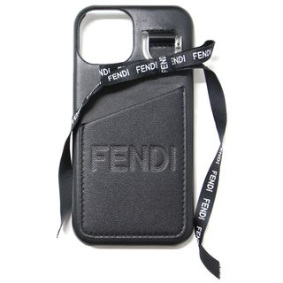 フェンディ(FENDI)の新品同様 FENDI フェンディ スマホケース iPhone 14 カバー 23春夏 ブラック 黒 リボン エンボス ロゴ レザーケース ブランド 【レディース】(その他)