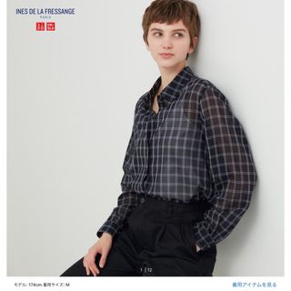 ユニクロ(UNIQLO)の【新品・未使用】ユニクロ イネス コットンシアーチェックシャツ ブラック XL(シャツ/ブラウス(長袖/七分))