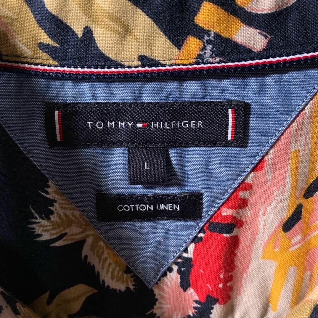 TOMMY HILFIGER(トミーヒルフィガー)のトミーヒルフィガー リネン 総柄 オープンカラー アロハ シャツ 半袖 ネイビー メンズのトップス(ポロシャツ)の商品写真