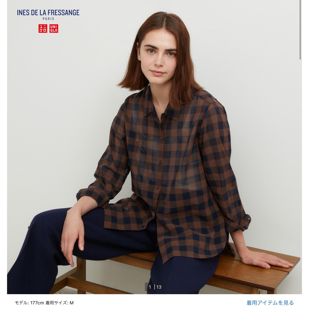 UNIQLO(ユニクロ)の【新品・未使用】ユニクロ イネス コットンシアーチェックシャツ ブラウン L レディースのトップス(シャツ/ブラウス(長袖/七分))の商品写真