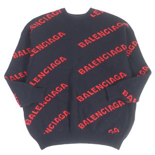 バレンシアガ(BALENCIAGA)の美品□BALENCIAGA バレンシアガ 2018年製 555279 ウール ジャガードロゴ ロングスリーブ ニット セーター ネイビー XS イタリア製 正規品 メンズ(ニット/セーター)