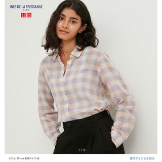 ユニクロ(UNIQLO)の【新品・未使用】ユニクロ イネス コットンシアーチェックシャツ ベージュ M(シャツ/ブラウス(長袖/七分))