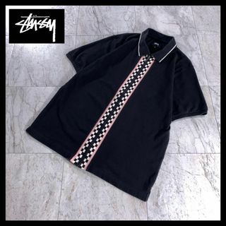 ステューシー(STUSSY)の古着 stussy ジップ ニットポロシャツ 半袖 チェッカーフラッグ 黒 M(シャツ)