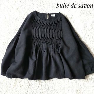 bulle de savon - 【ビュルデサボン】ピンタックギャザーブラウス ブラック 麻 レーヨン