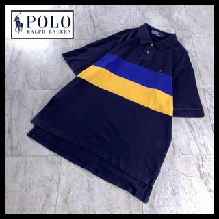 ポロラルフローレン(POLO RALPH LAUREN)の90s 古着 ラルフローレン 太ボーダー ポロシャツ 半袖 ネイビー 青 黄色(ポロシャツ)