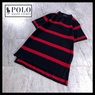 ポロラルフローレン(POLO RALPH LAUREN)の美品 ラルフローレン ボーダー ポロシャツ 半袖 ブラック 黒 赤 刺繍ロゴ L(ポロシャツ)