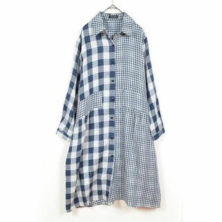 L〜LL チェック ロングシャツ レディース チュニック 大きいサイズ/ネイビー(チュニック)