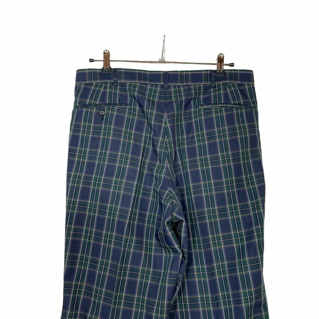 VINTAGE(ヴィンテージ)の古着 80s ロングベルト チェック タック パンツ ストレート W88 緑 メンズのパンツ(スラックス)の商品写真