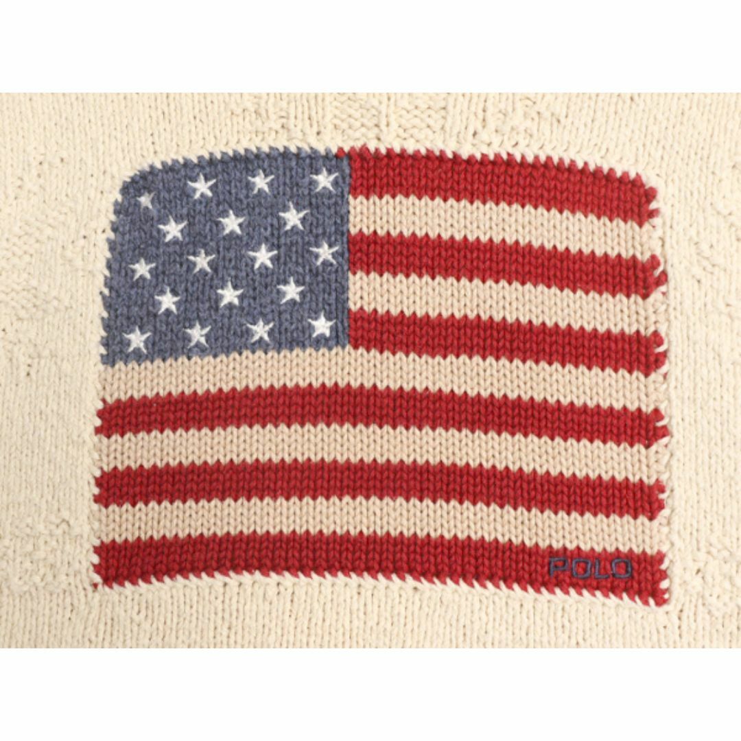 Ralph Lauren(ラルフローレン)の手編み 90s ポロ ラルフローレン 星条旗 ハンド ニット セーター メンズ L 90年代 オールド ハンドメイド コットン 3D 立体編み ナチュラル メンズのトップス(ニット/セーター)の商品写真