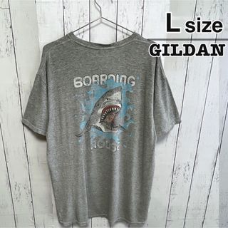 ギルタン(GILDAN)のUSA古着　GILDAN　Tシャツ　L　グレー　サメ　アニマル　プリント　ロゴ(Tシャツ/カットソー(半袖/袖なし))